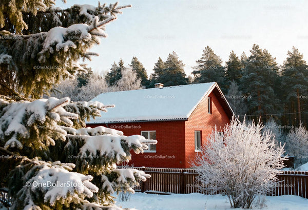 Snow Covered Red Brick House Surrounded by Winter Nature