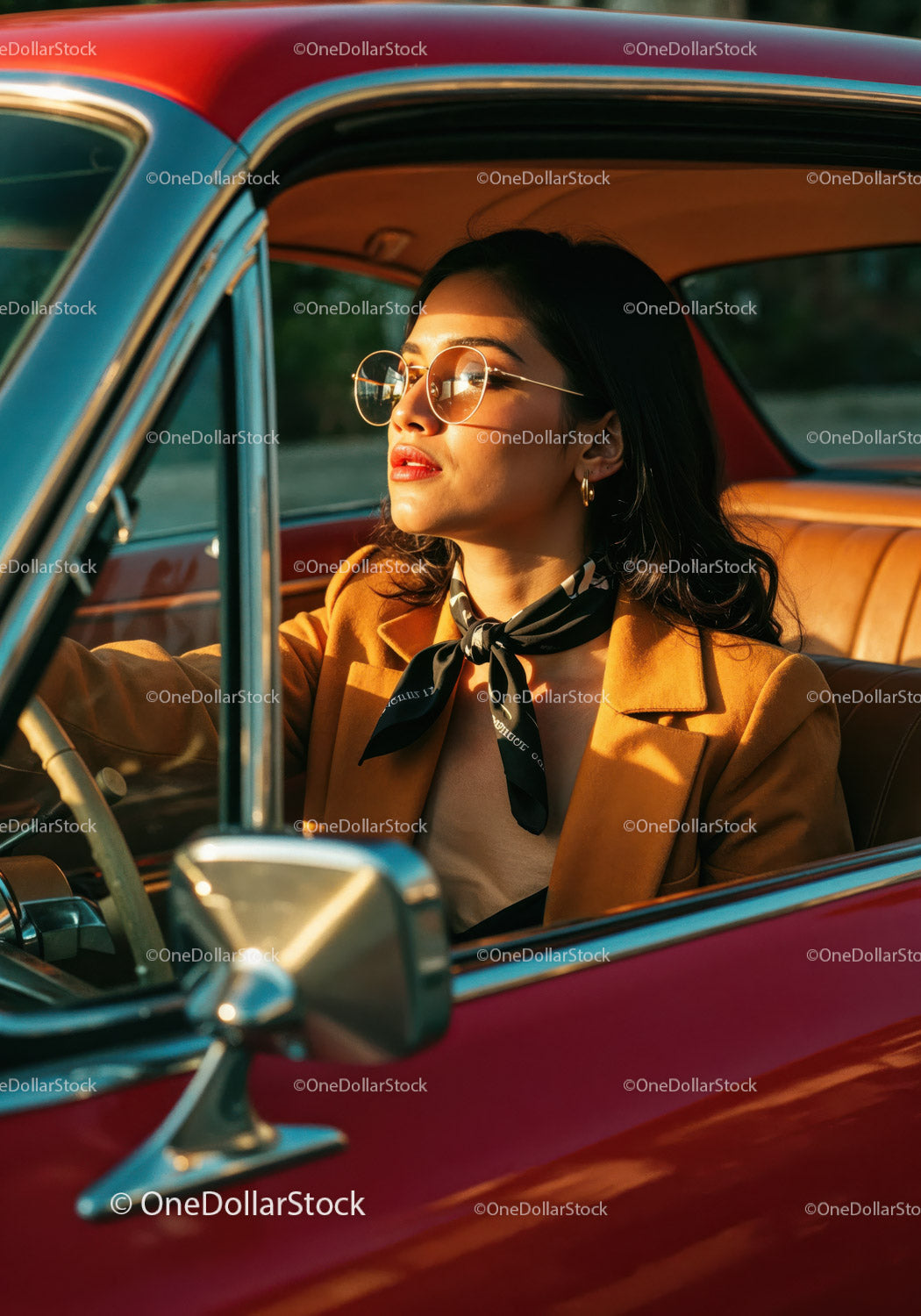 Stylish Woman Driving Vintage Car During Sunset