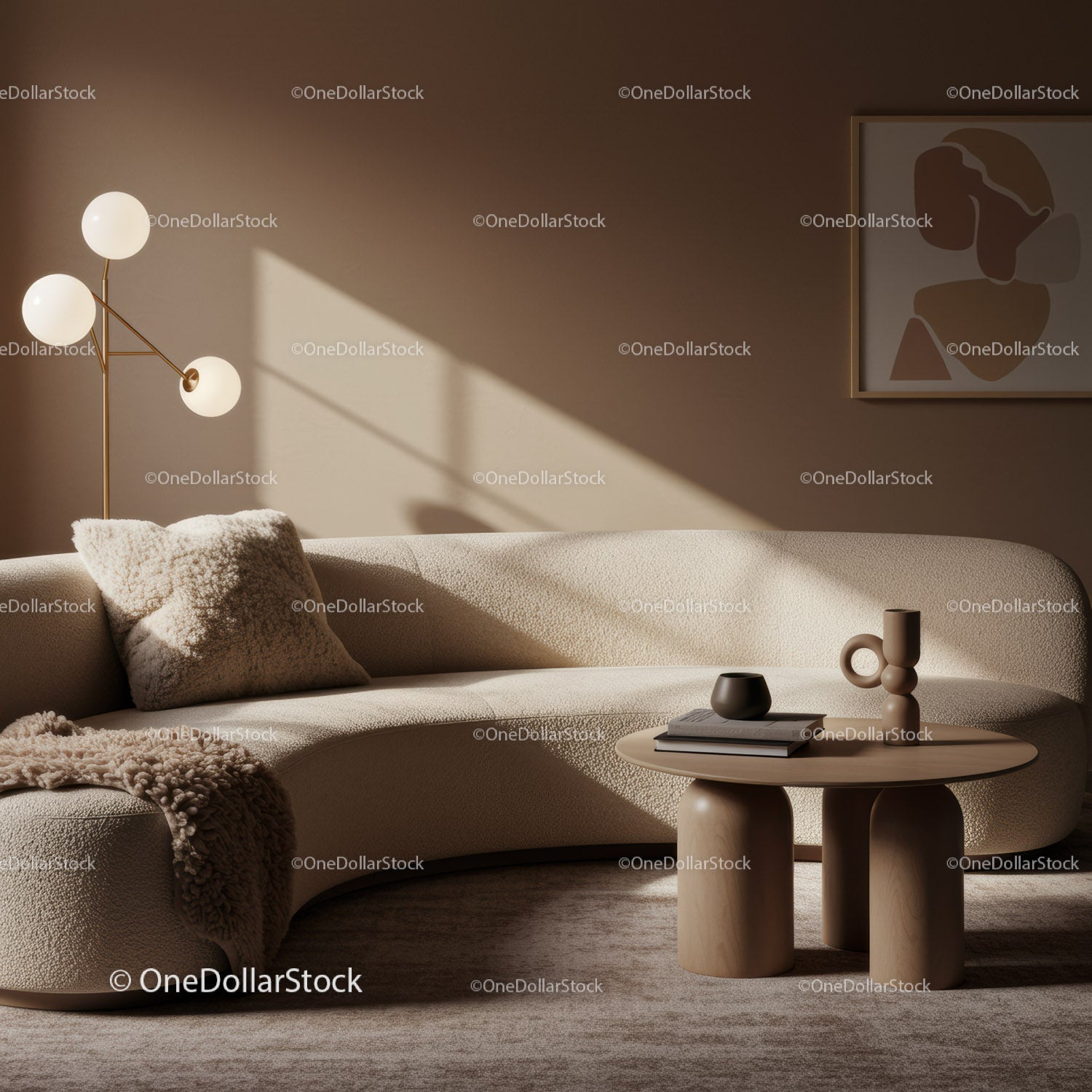 Cozy curved sofa with modern accessories in warm living room