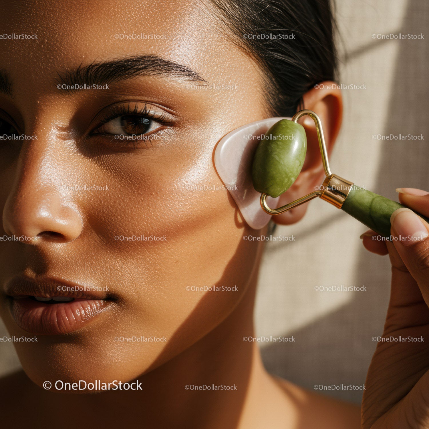 Woman Using Jade Roller for Facial Massage Skin Rejuvenation