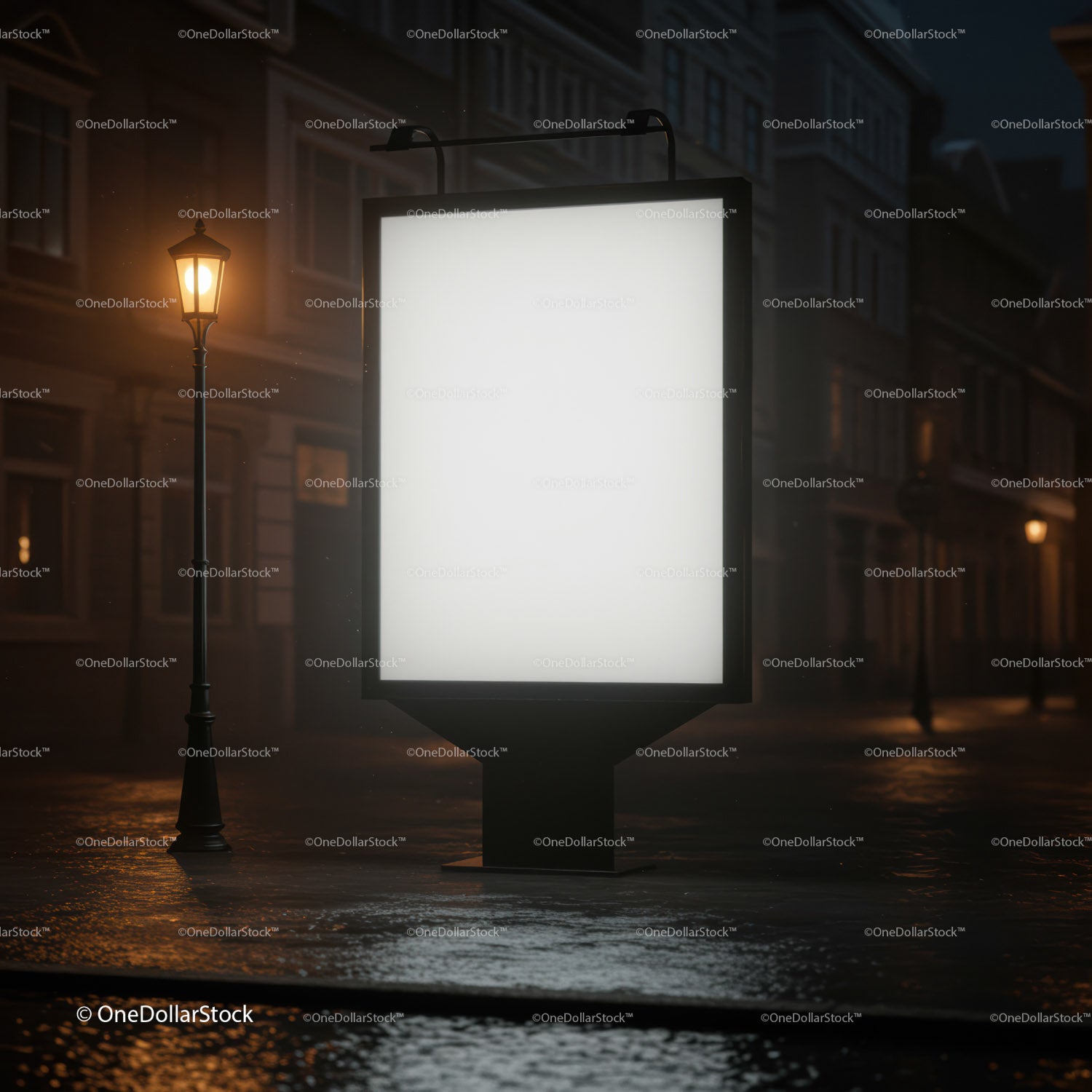 Illuminated blank billboard on wet city street at night