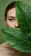 Close-up of Woman's Face with Green Leaf and Water Droplets for Natural Beauty
