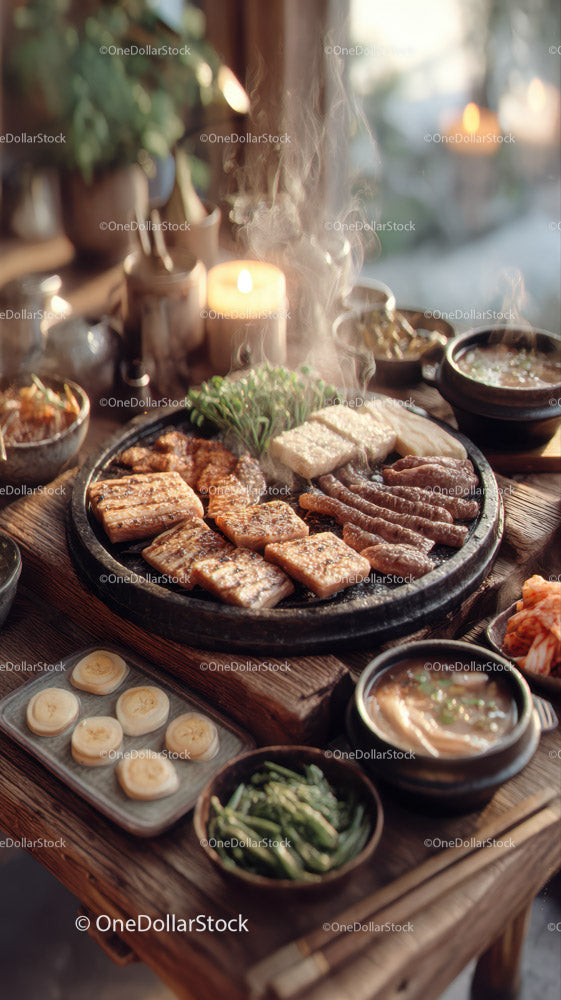 Traditional Korean Barbecue with Variety of Meats and Sauces