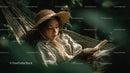 Young Woman Relaxing with Book in Hammock Under Straw Hat