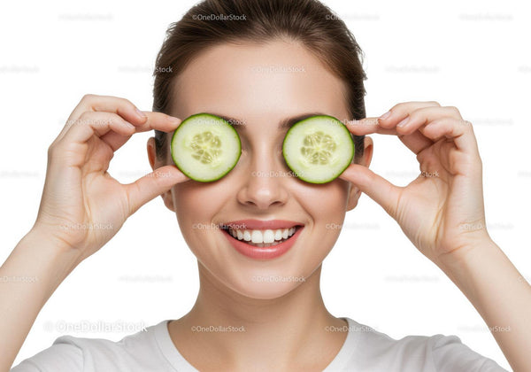 Smiling woman enjoying a refreshing cucumber beauty mask for skincare