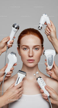 Young Woman Receiving Multi-Device Facial Treatment with Skincare Tools
