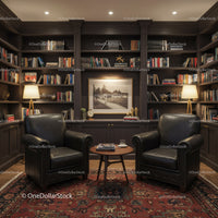 Cozy library corner with leather chairs and warm lighting