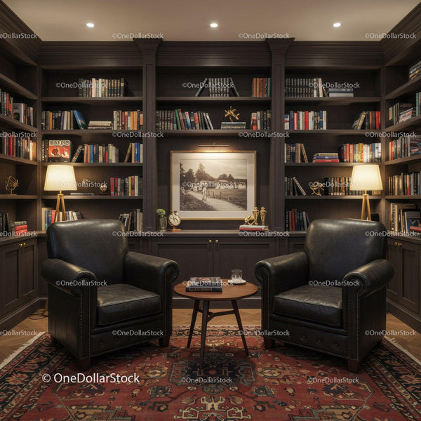 Cozy library corner with leather chairs and warm lighting