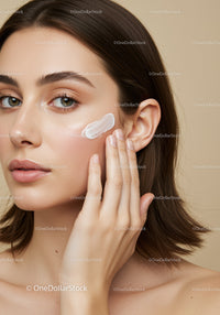Close-up of Woman Applying Skin Cream on Cheek for a Fresh Look