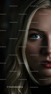 Close up portrait of woman with blue eye and blonde hair