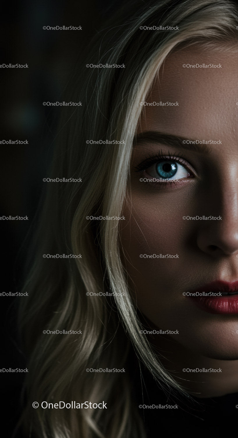 Close up portrait of woman with blue eye and blonde hair