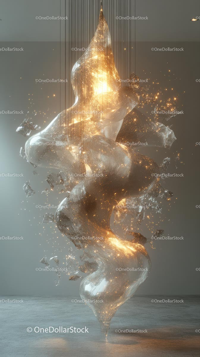 Innovative Glass Sculpture with Golden Sparkles and Light Effects