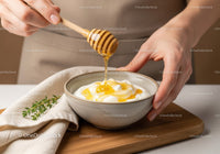 Honey Drizzling over Yogurt with Fresh Herbs in a Minimalist Kitchen