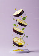 Fresh eggplant slices floating with herbs and olive oil