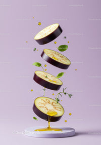 Fresh eggplant slices floating with herbs and olive oil