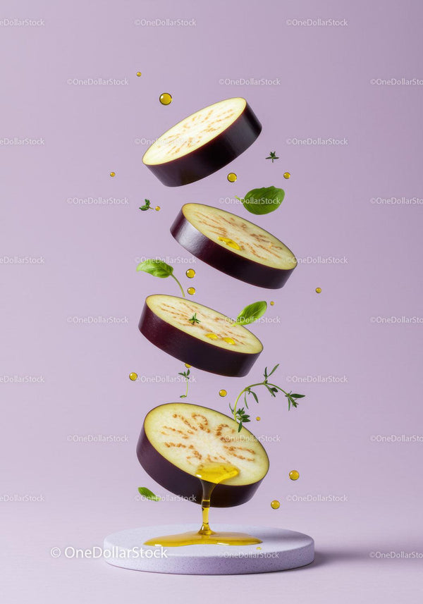 Fresh eggplant slices floating with herbs and olive oil