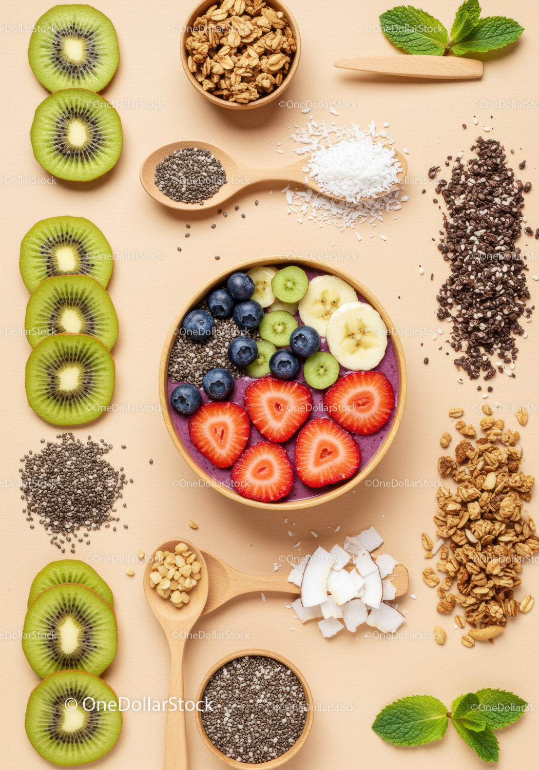 Colorful smoothie bowl with fresh fruit and superfoods