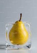 Yellow pear frozen inside a clear ice cube