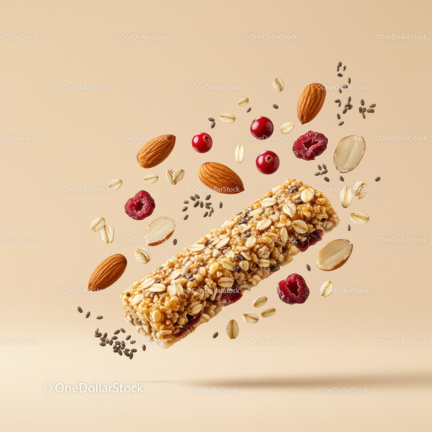 Healthy granola bar with nuts and berries flying