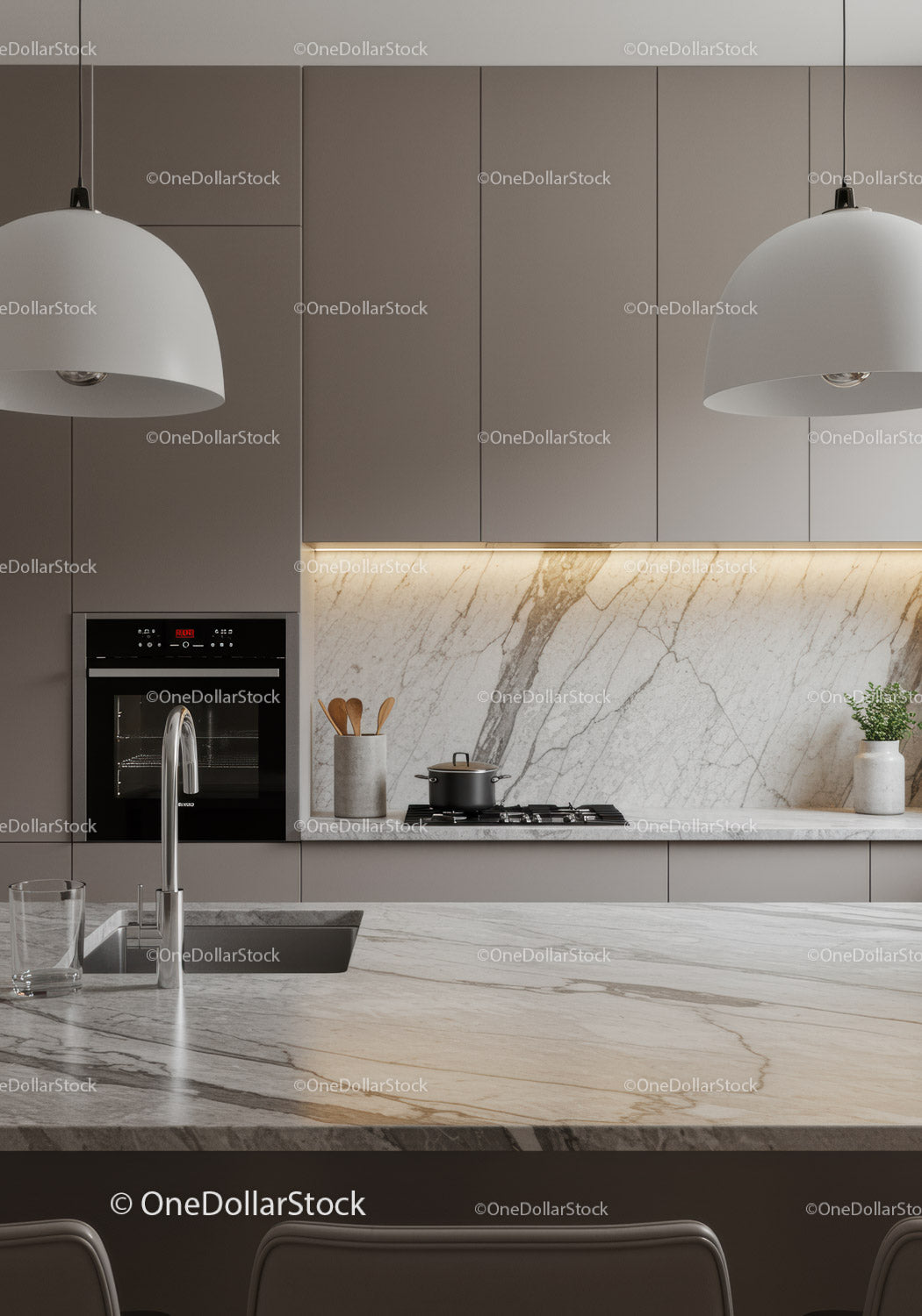 Modern Gray Kitchen with Marble Backsplash and Pendant Lighting