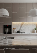 Modern Gray Kitchen with Marble Backsplash and Pendant Lighting