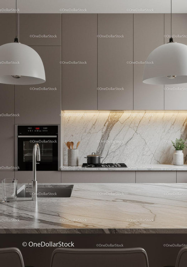 Modern Gray Kitchen with Marble Backsplash and Pendant Lighting