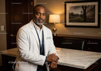 Professional Healthcare Worker in White Coat Sitting at Desk in Clinic