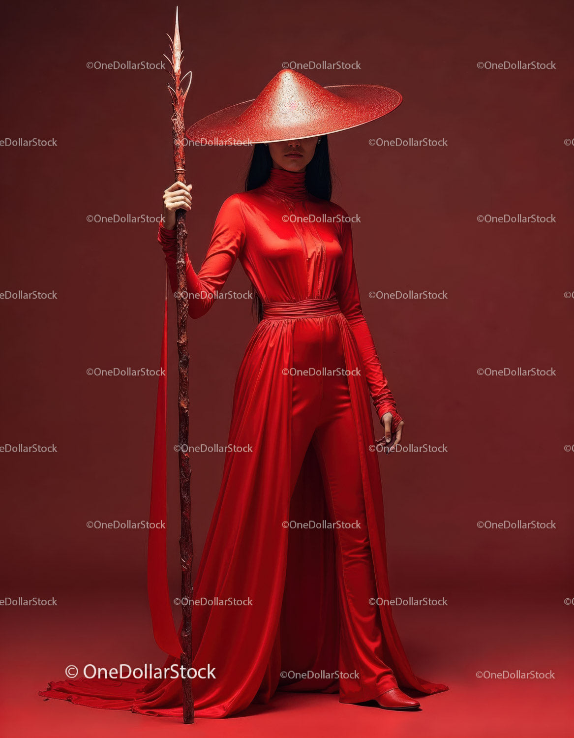 Elegant Woman in Red Dress with Accessories Against Red Background