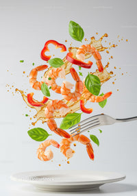 Fresh shrimp, basil and red pepper flying with sauce splash
