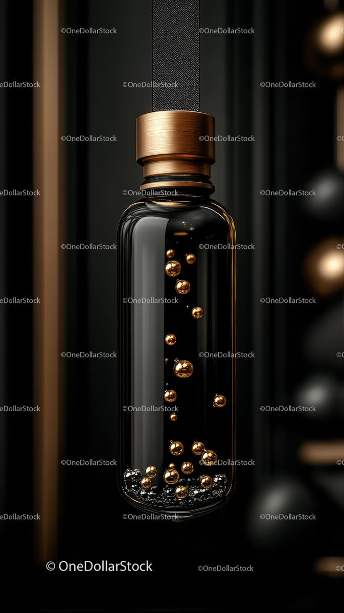 Elegant Black and Gold Luxury Glass Bottle with Metallic Accents