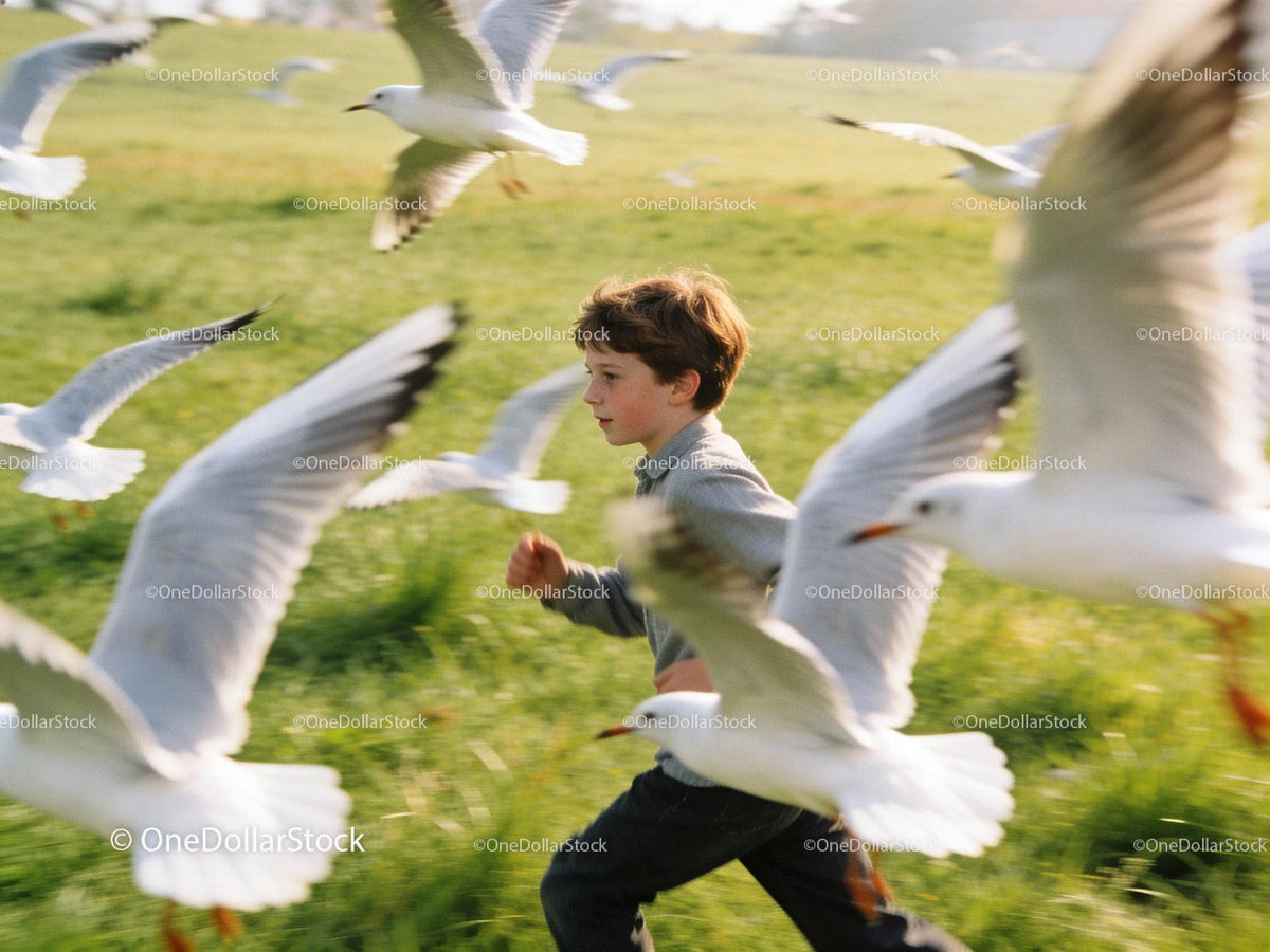 Young boy joyfully running among flying seagulls