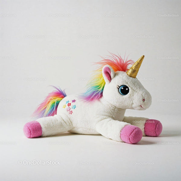 White Plush Unicorn With Rainbow Mane And Golden Horn