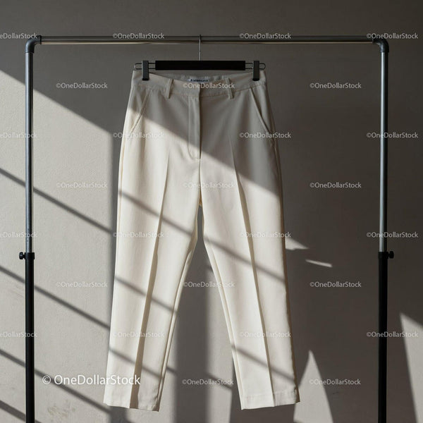 Elegant beige trousers hanging on metal rack JPG Mockup Image