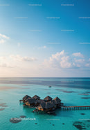 Overwater Bungalows with Turquoise Ocean and Blue Sky Scenic View