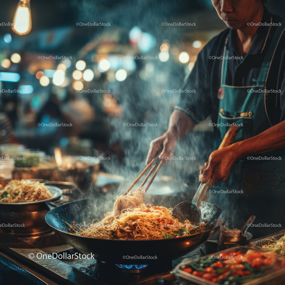 Street Food Vendor Cooking Stir-Fry in Night Market