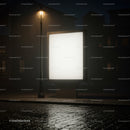 Empty illuminated billboard and streetlamp at night