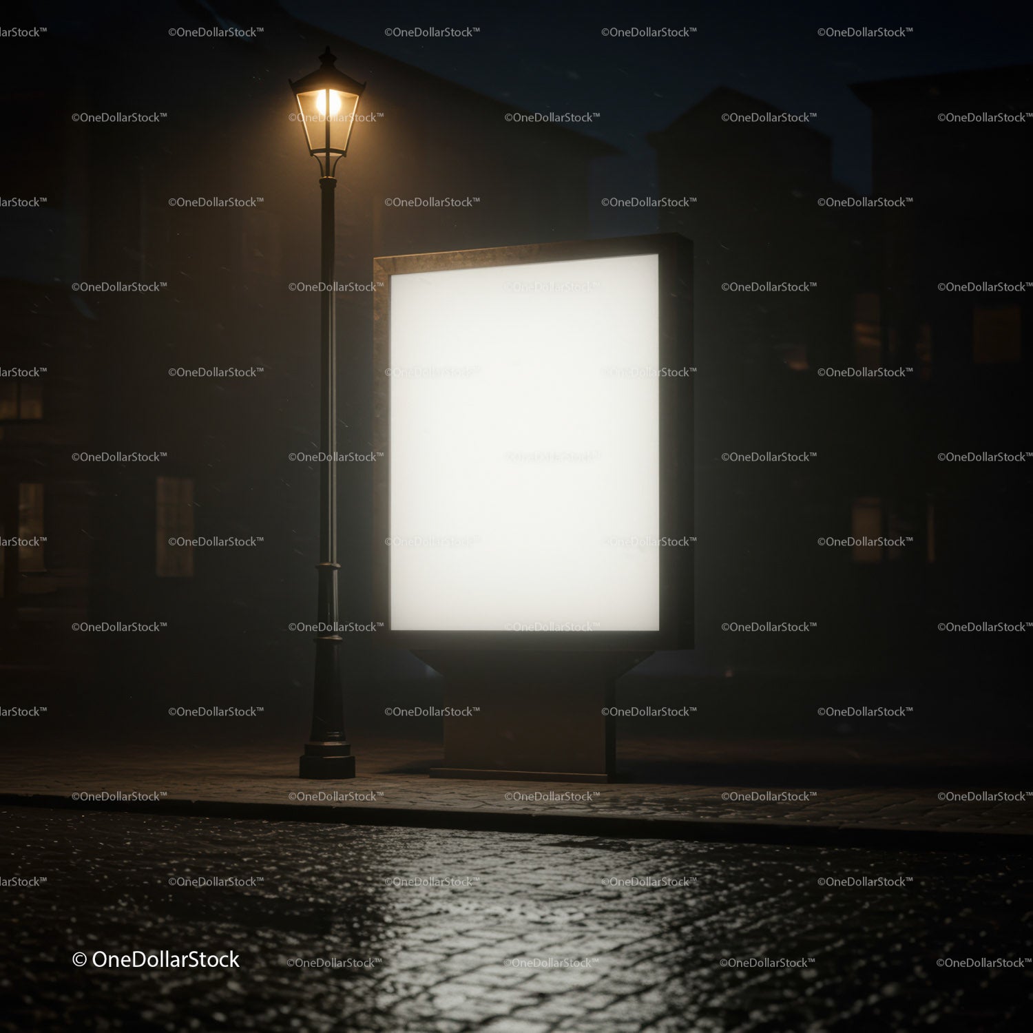 Empty illuminated billboard and streetlamp at night
