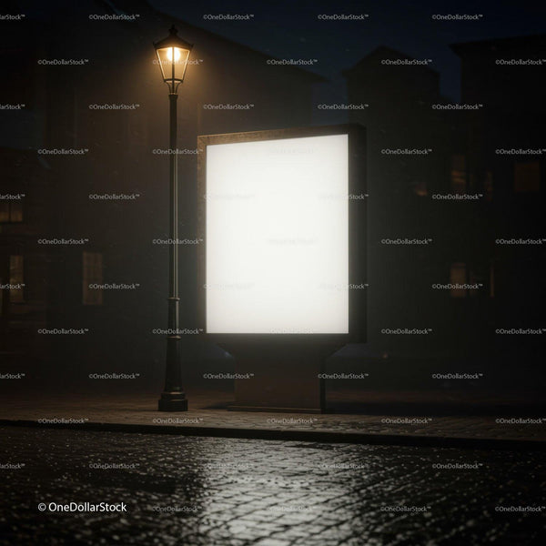 Empty illuminated billboard and streetlamp at night JPG Mockup Image
