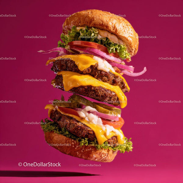 Gourmet Burger Stack with Fresh Vegetables and Melted Cheese