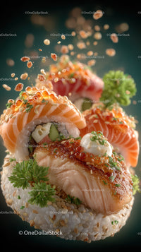 Fresh Sushi Rolls with Salmon, Avocado and Sesame Seeds