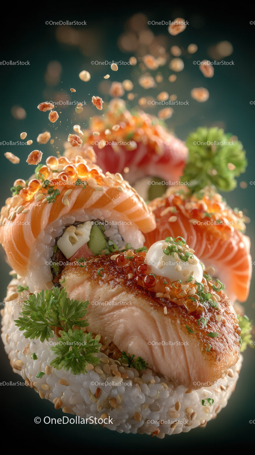 Fresh Sushi Rolls with Salmon, Avocado and Sesame Seeds