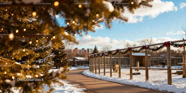 Winter Pathway with Festive Holiday Decorations Outdoors