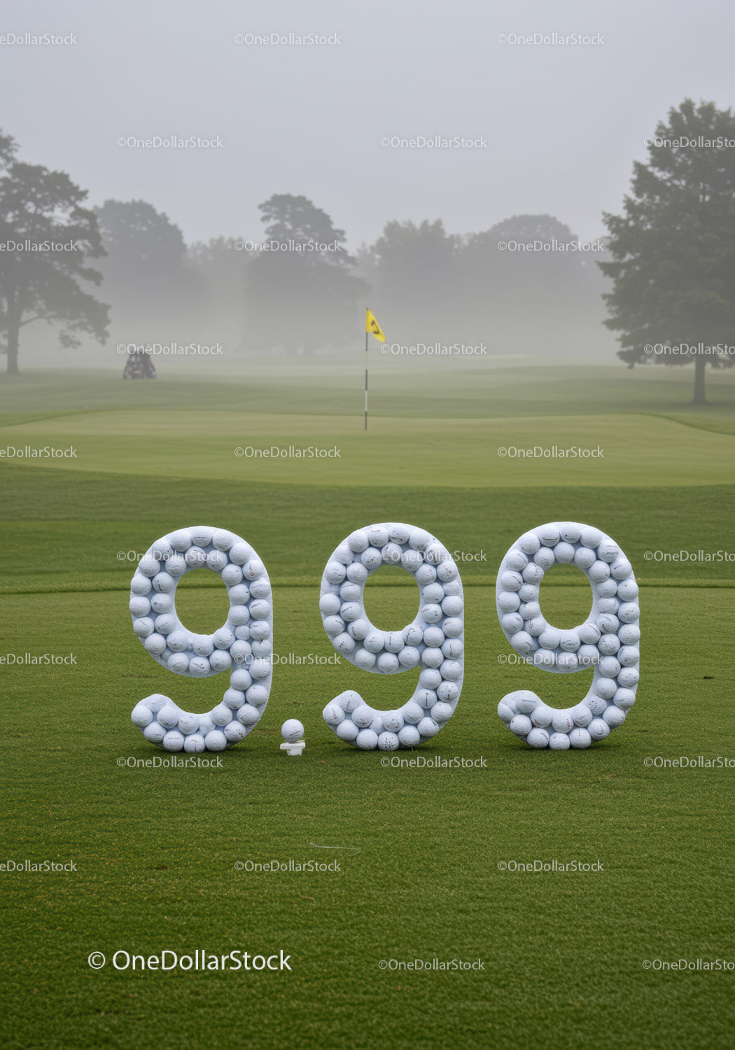 Golf score 999 made of golf balls on misty course