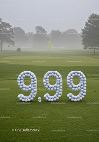 Golf score 999 made of golf balls on misty course