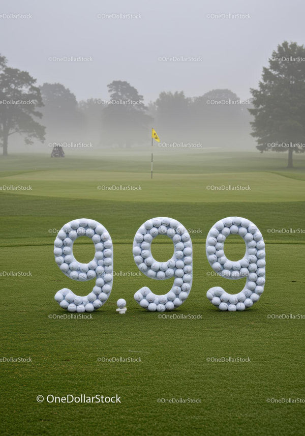 Wynik golfa 999 ułożony z piłek golfowych na mglistym polu