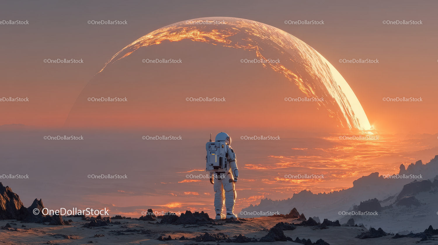 Astronaut Exploring a Surreal Alien Landscape with a Giant Orange Planet