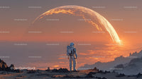 Astronaut Exploring a Surreal Alien Landscape with a Giant Orange Planet