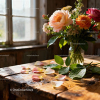 Fresh garden flowers with dewy petals in sunlit room