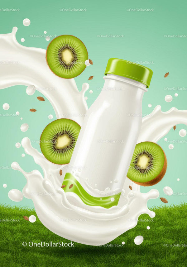 Kiwi flavored milk splash with fresh fruit slices JPG Mockup Image