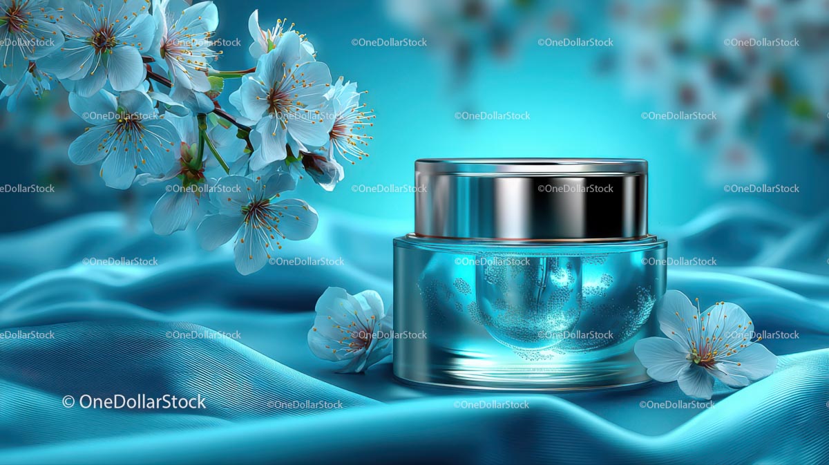 Refreshing Cosmetic Jar with Cherry Blossoms on Blue Silk